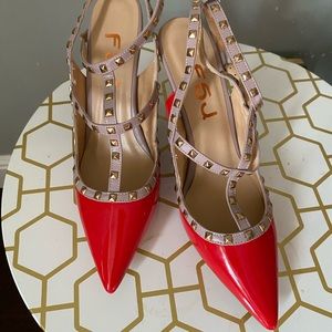 NWT red pump strap sandals with gold studs